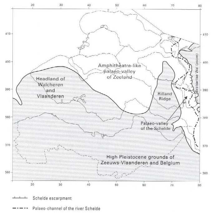 Figuur b5.2 Morfologische subregio s van het Vroeg-Holocene landschap van Zeeland Bron: Vos & Van Heeringen 1997. Fase E: Periode van menselijke invloed (1000 n. Chr. - heden).