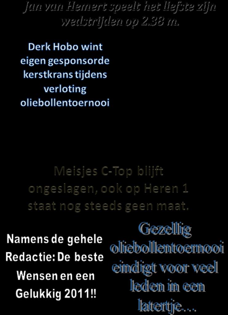 Uitslagen Zaterdag 4 december Zaterdag 18 december Dames 1 WHV 1 2-3 Meisjes B Atak 55 0-4 Dames 2 Triade 3 4-0 Meisjes B WHV 1 0-4 Open Clubkampioenschappen Meisjes Ctop Sliedrecht 1 4-0 Meisjes CMV