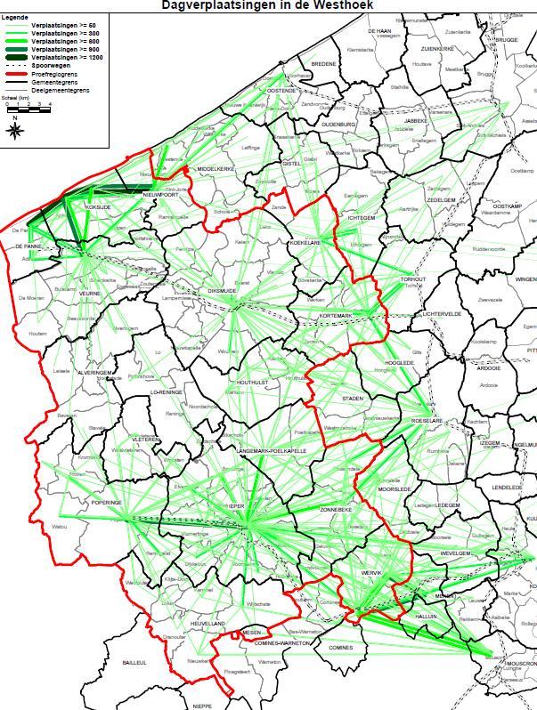 2) Kaart met verplaatsingsstromen van, naar en in het gebied Op de kaart is een overzicht opgenomen van de grootste verplaatsingsstromen in de Westhoek.