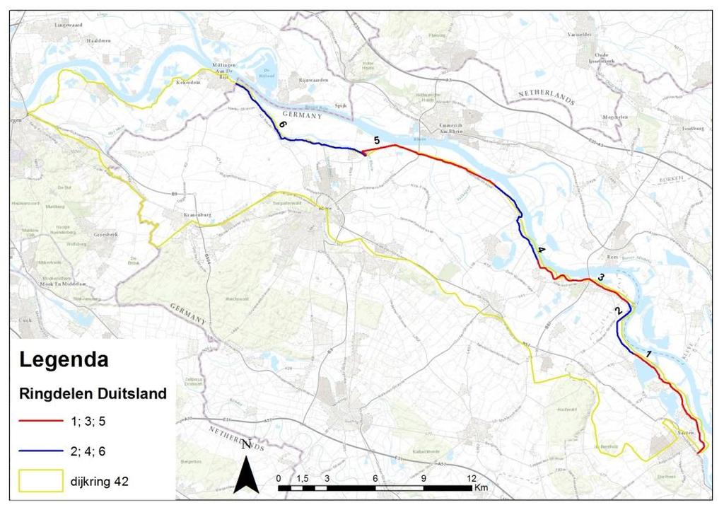 April 2016 (concept) Plan van Aanpak Risicoanalyse dijkring 42 Figuur 9: Ringdelen dijkring 42 (Duitse deel) Per ringdeel is één breslocatie gedefinieerd waarvoor overstromingsscenario s zijn