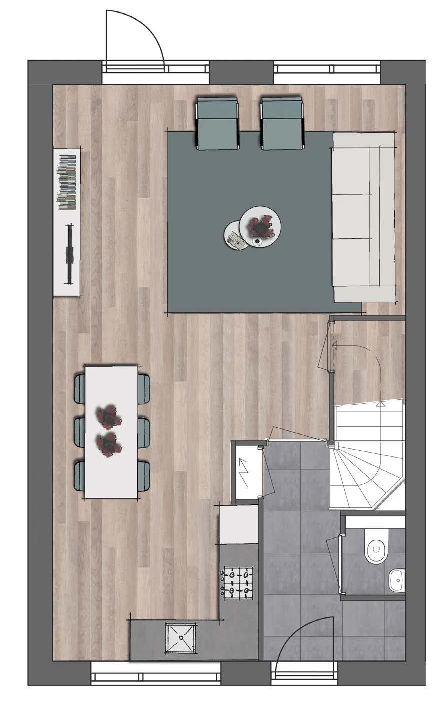 LAURIER begane grond basis afmeting (rechter woning) LAURIER begane grond optie 2,40 meter verlenging, dubbele tuindeuren en luxe keuken (rechter woning) De dubbele tuindeuren zorgen voor extra veel