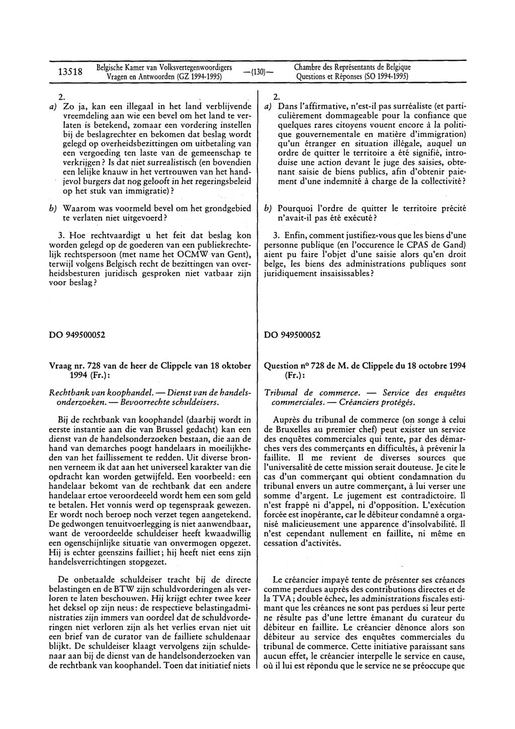 13518 BelgischeKamervan Volksvertegenwoordigers Vragenen Antwoorden(GZ 1994-1995) Questionset Réponses(SO 1994-1995) 2.
