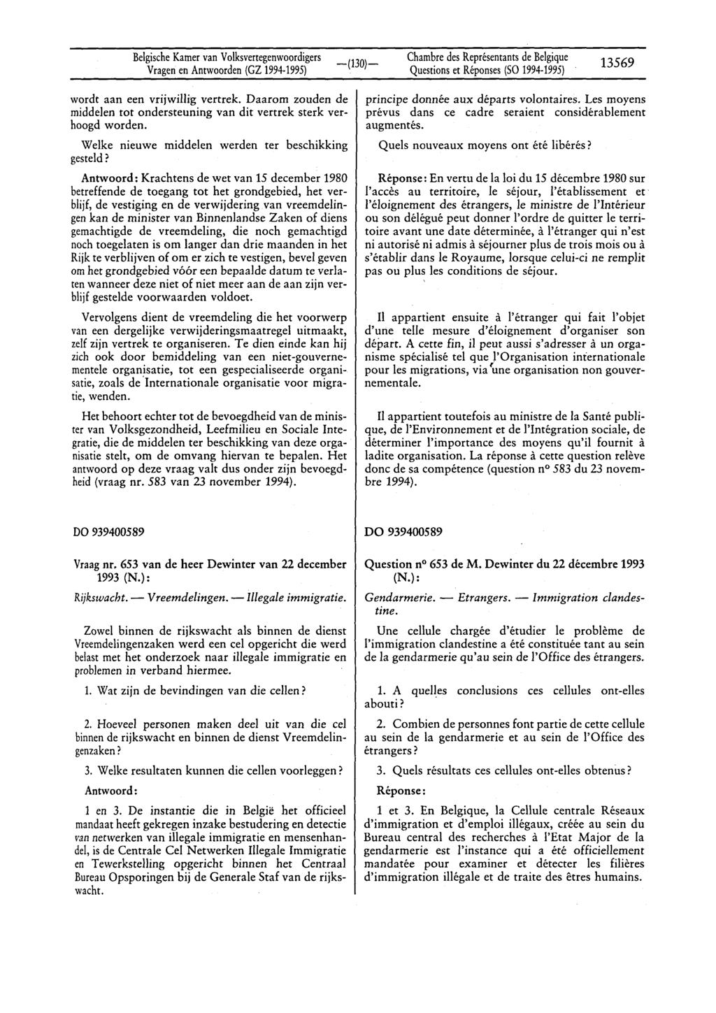 BelgischeKamervan Volksvertegenwoordigers Vragenen Antwoorden(CZ 1994-1995) Questionset Réponses(SO 1994-1995) 13569 wordt aan een vrijwillig vertrek.