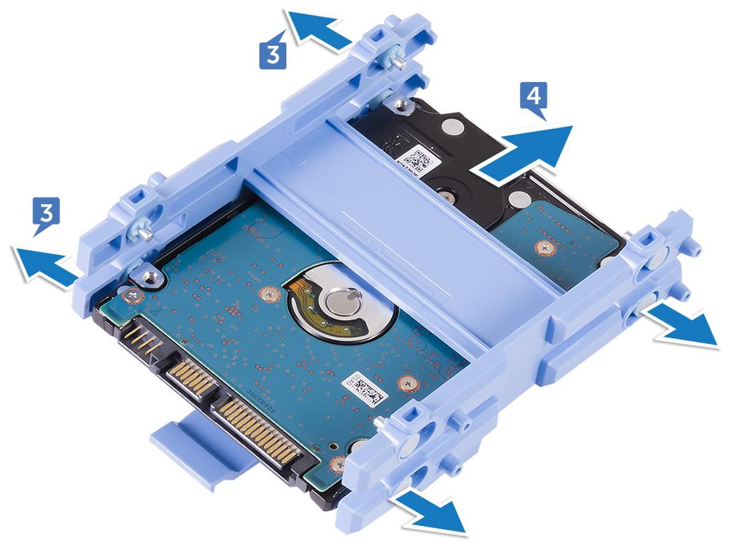 HDD/SSD plaatsen OPMERKING: De vaste schijf die is geïnstalleerd in de bovenste sleuf, is de primaire vaste schijf.