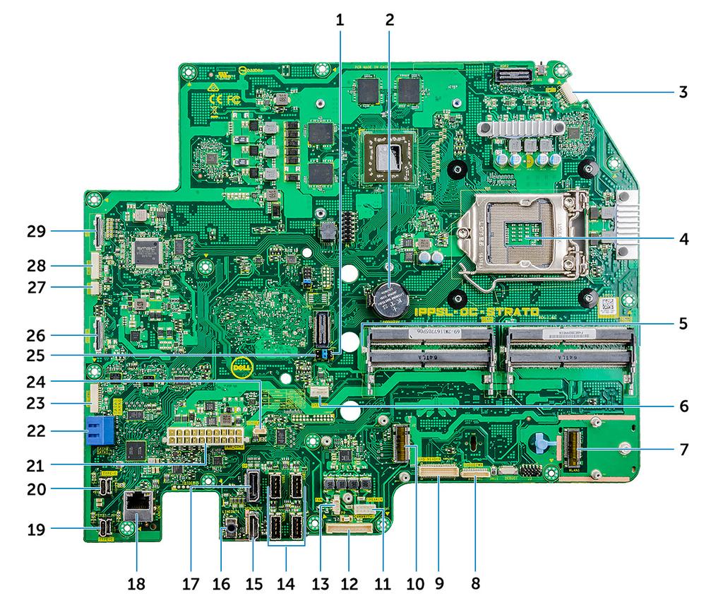 k standaard l geheugenmodules m achterplaat n kap van USB-dongle-houder 7 Volg de procedure in Nadat u in de computer hebt gewerkt. Bijschriften voor het moederbord Afbeelding 1.