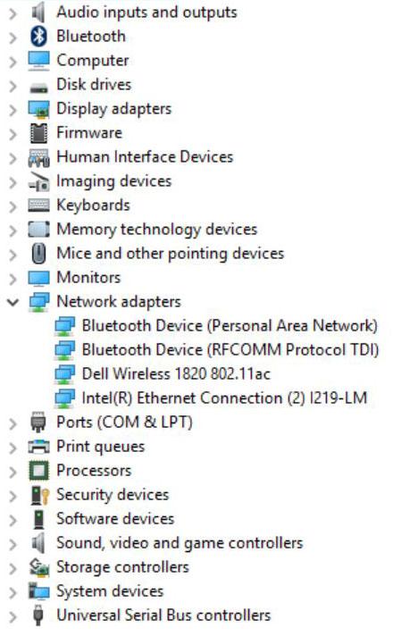 Intel wifi- en Bluetooth-drivers Controleer in Apparaatbeheer of het stuurprogramma van de netwerkkaart is geïnstalleerd. Installeer de driver-updates via dell.com/ support.