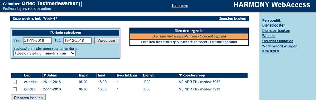 5 Diensten boeken via WebAccess (shiftbidding) Via diensten boeken kan je je inschrijven voor de diensten die nog openstaan. Klik aan de rechterkant op de link Diensten boeken.