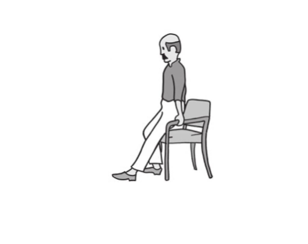 5. Gaan zitten 1. Vóór de stoel of zetel gaan staan. 2. Met beide handen goed steunen op de leuningen van de stoel of zetel. Nooit blijven steunen op de krukken of het looprek! 3.