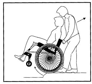 (Geldt alleen voor het rolstoelonderstel.) * Rijd achterwaarts tegen de drempel aan. * uig voorover en trek aan de hoepels van de rolstoel.