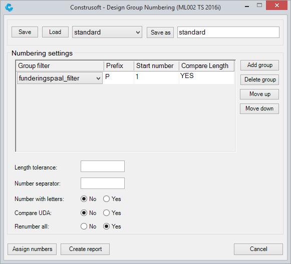 4. Klik op de knop Add group om een regel te creëren. Selecteer vervolgens onder de kolom Group Filter het selectiefilter "palenplan_filter". Pas in Tekla Structures eventueel dit selectiefilter aan.