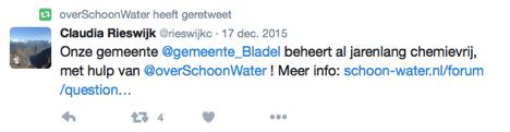 Twitter Via @overschoonwater tweeten we over alle interessante activiteiten binnen Schoon Water en daarbuiten.