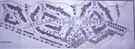 Foto 3 Gelsenkirchen (D, woonwijk Küpperbusch). Het stedenbouwkundig plan voorziet centraal in deze wijk een lensvormige infiltratieplas.