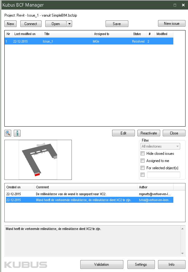 26 / 34 10.2. BCF inladen Stap 1. Openen BCF Manager. Open het betreffende IFC model in SimpleBIM. Klik op het icoon in de werkbalk om de BCF manager te openen. Stap 2. Inladen BCF bestand.