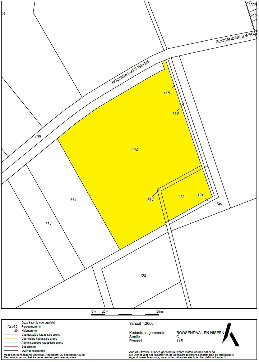 Kadastrale gegevens Gemeente Sectie Nummer Ter grootte van ROOSENDAAL EN NISPEN Q 115 3.13.55 ha ROOSENDAAL EN NISPEN Q 116 0.06.00 ha ROOSENDAAL EN NISPEN Q 117 0.32.00 ha Totaal 3.51.