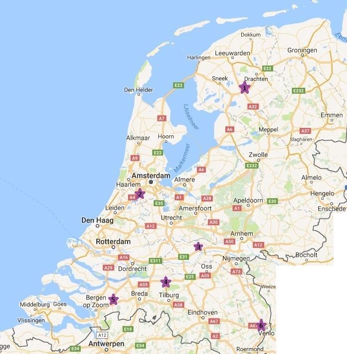 Figuur 1 Locaties van onderzochte bedrijventerreinen Bron: Google Maps (bewerkt) 1. IBF Heerenveen 2. Schiphol Logistics Park 3. Medel Tiel 4. Haven Waalwijk 5. Borchwerf II 6.