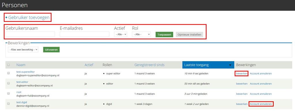 4. Personen Als je binnen de zwarte balk op personen klikt, krijg je een overzicht te zien met alle gebruikers binnen de website. Binnen dit menu heb je de volgende mogelijkheden: 4.