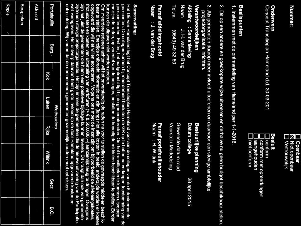 Verantwoordelijken Bestuurlijke planning Afdeling : Samenleving Datum college : 28 april 2015 Naam ZJ' H' Van der Brug Temr'
