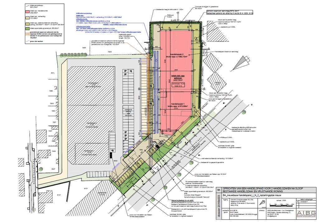 3) Aanleg van een ontsluitingsweg in een niet waterdoorlatende verharding (ca. 1513 m²), de bodemingreep wordt hier voorzien tot 50 cm diep. Hiervan zijn geen doorsnedes beschikbaar.