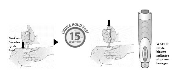 Druk op de knop, HOUD gedurende 15 seconden vast EN kijk door het venster. U hoort een klik zodra de injectie start.