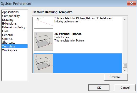 Selecteer Window>Preferences Selecteer Templates en selecteer daar 3D printing millimeters Waar je rekening mee moet houden tijdens het tekenen van objecten is dat sketchup gemaakt