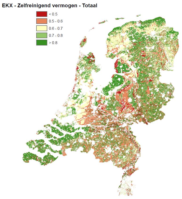 Figuur 4. Het zelfreinigende vermogen van de bodem in Nederland. Het zelfreinigende vermogen is een onderdeel van het Natuurlijk Kapitaal. De kaart is overgenomen uit Van Wijnen et al. (2012).