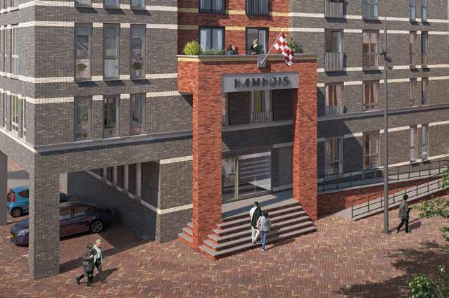 PRINSEKAAI HEREN VAN HAM HAMHUIS KENMERKEN BUITENKANT Het Hamhuis wordt gebouwd in de stijl van een stoer pakhuis en uitgevoerd in rode en grijze steen.