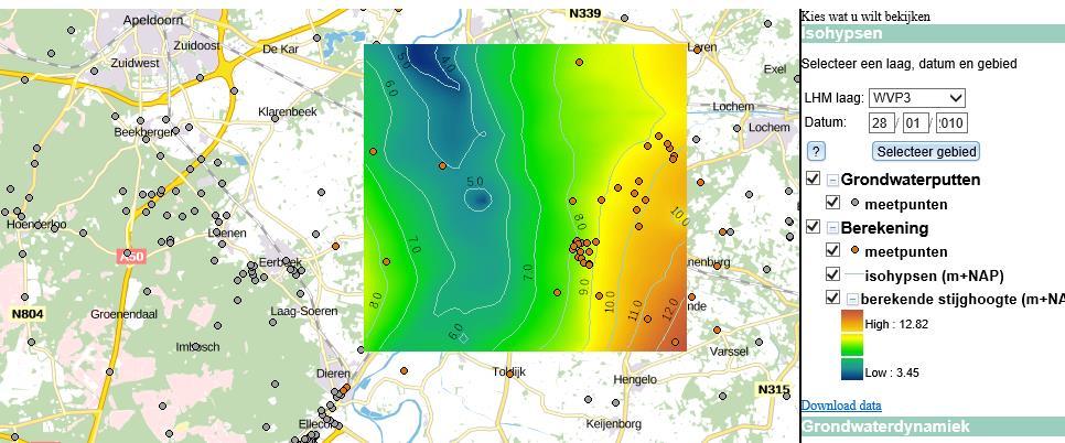 14 / 17 6 Stap 4: Ophalen resultaten 6.1 Isohypsen in de viewer De berekende isohypsen en stijghoogten worden in de viewer getoond.