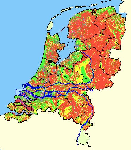 Landelijk beeld van de hoogte van de grondwaterstand in vergelijking tot de statistische waarden op ditzelfde moment in het jaar (modelresultaat NHI - www.nhi.