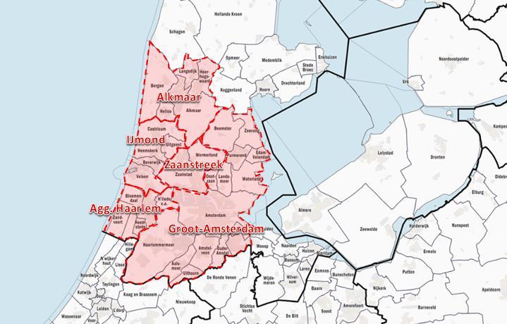 Figuur 6 Afbakening primair (rood) en secundair (blauw) onderzoeksgebied regionale behoefteraming bedrijventerreinen