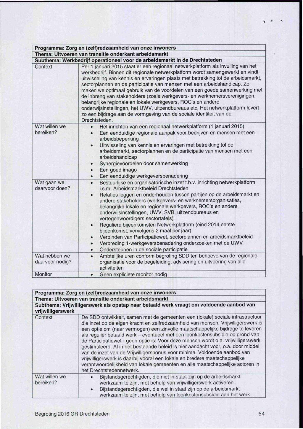 t Programma: Zorg en (zelf)redzaamheid van onze inwoners Thema: Uitvoeren van transitie onderkant arbeidsmarkt Subthema: Werkbedrijf operationeel voor de arbeidsmarkt in de Drechtsteden Context Per 1