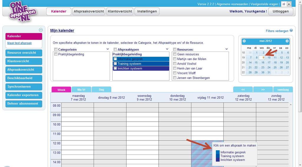 Afspraakbeheer Afspraak maken Afspraakgegevens 1. Ga naar het beginscherm (de kalender) 2. Navigeer zo nodig met de kleine kalender(rechts) naar de gewenste dag 3.