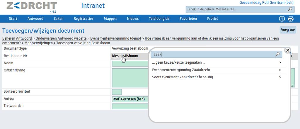 11.3 Verwijzing 3: een Mozard Beslisboom opnemen als verwijzing Klik op de link ik wil een verwijzing naar een Mozard Beslisboom onderwerp toevoegen in het scherm Fout! Verwijzingsbron niet gevonden.