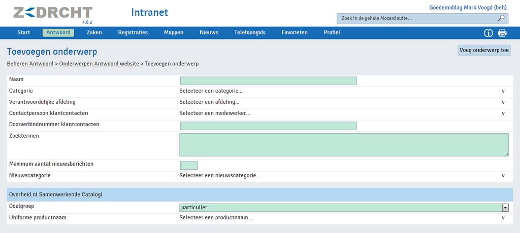 Verwijzingen/knoppen Kruimelpad: met het kruimelpad ga je een niveau terug in de navigatiestructuur; Afbeeldingen beheer: via deze optie worden afbeeldingen toegevoegd die voor de Antwoord