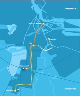 Figuur 2 Lijnen voorkeursvariant HTV5+ De hoogwaardige tram rijdt van Amstelveen Westwijk naar station Amsterdam Zuid.