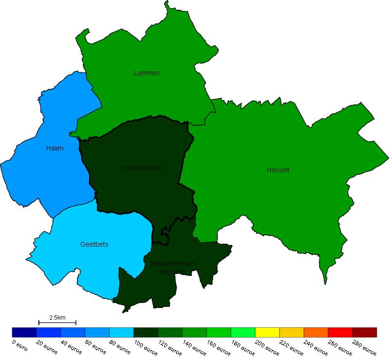 Vastgoed Prijs van bouwgrond in Herk-de-Stad en omgeving Gemiddelde prijs in e/m 2 van bouwgrond in Herk-de-Stad en omgeving Bron : Berekeningen van de ADSEI (FOD Economie) op