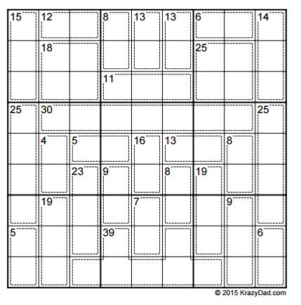 Killersudoku Vul de lege vakjes in zodat er elke rij, elke kolom en elk 3x3-vierkant de cijfers 1 tot en met 9 voorkomen.