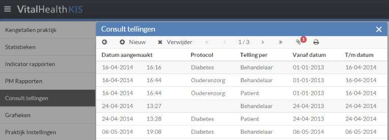 Consult tellingen Kies Consult tellingen vanuit het menu om per protocol voor een bepaalde periode het aantal consulten te tellen per patiënt of per behandelaar.