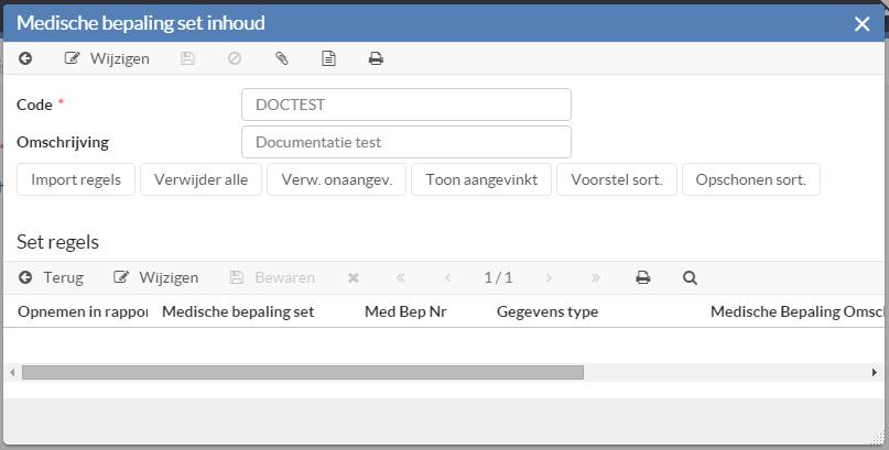 Om een medische bepaling set aan te maken volgt u de volgende stappen: 1 Ga naar Medische bepaling sets (onder Master Data). 2 Kies Nieuw in de menubalk. 3 Vul een Code en Omschrijving in.