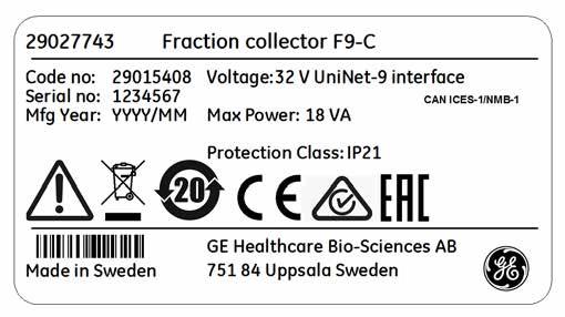 2 Veiligheidsinstructies 2.2 Labels 2.2 Labels Over deze paragraaf Labels Deze paragraaf beschrijft de veiligheidslabels die op Fraction collector F9-C en Fraction collector F9-R zijn aangebracht.