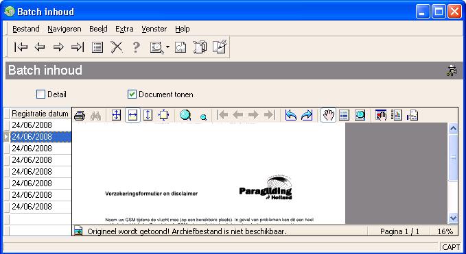 Batch inhoud van geïmporteerde documenten Klik vervolgens op om de documenten te verwerken. CORSA toont venster Batch inhoud. In dit venster worden de geïmporteerde documenten getoond.