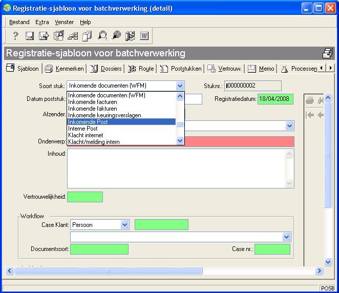 Registratiesjabloon voor het collectief bewerken van metagegevens In dit venster kunt u voor de geselecteerde documenten handmatig metagegevens invullen, tabkaarten vullen en eventueel (indien u