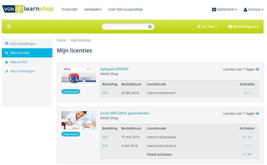 2.4 Mijn licenties bekijken en downloaden In Mijn licenties krijgt u een overzicht van de licenties per aangeschaft product.