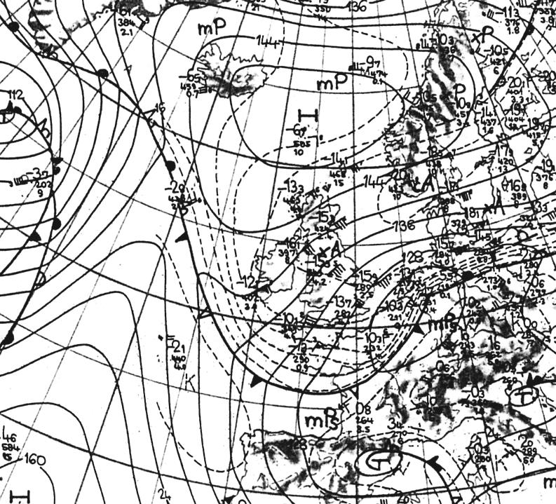 13 fig16 [850hPa-kaart-15/02/79 00z] De temperaturen op 850hPa dalen richting 16 graden boven de Lage Landen Bronnen: -Meteorologische abhandlungen serie B.