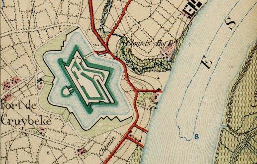 MER 2013 Argex NV Groeve pagina 170 Figuur XIII-2: Uittreksel uit de militaire kaart van 1896 (detail ter hoogte van het Fort Kruibeke) Het perceleringspatroon en het stratenpatroon in het