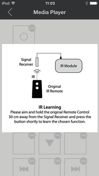 .6 IR-opdrachten leren Afstandsbediening selecteren Toets selecteren Kies onder Manager Remotes de gewenste afstandsbediening en tik dan op Learn.
