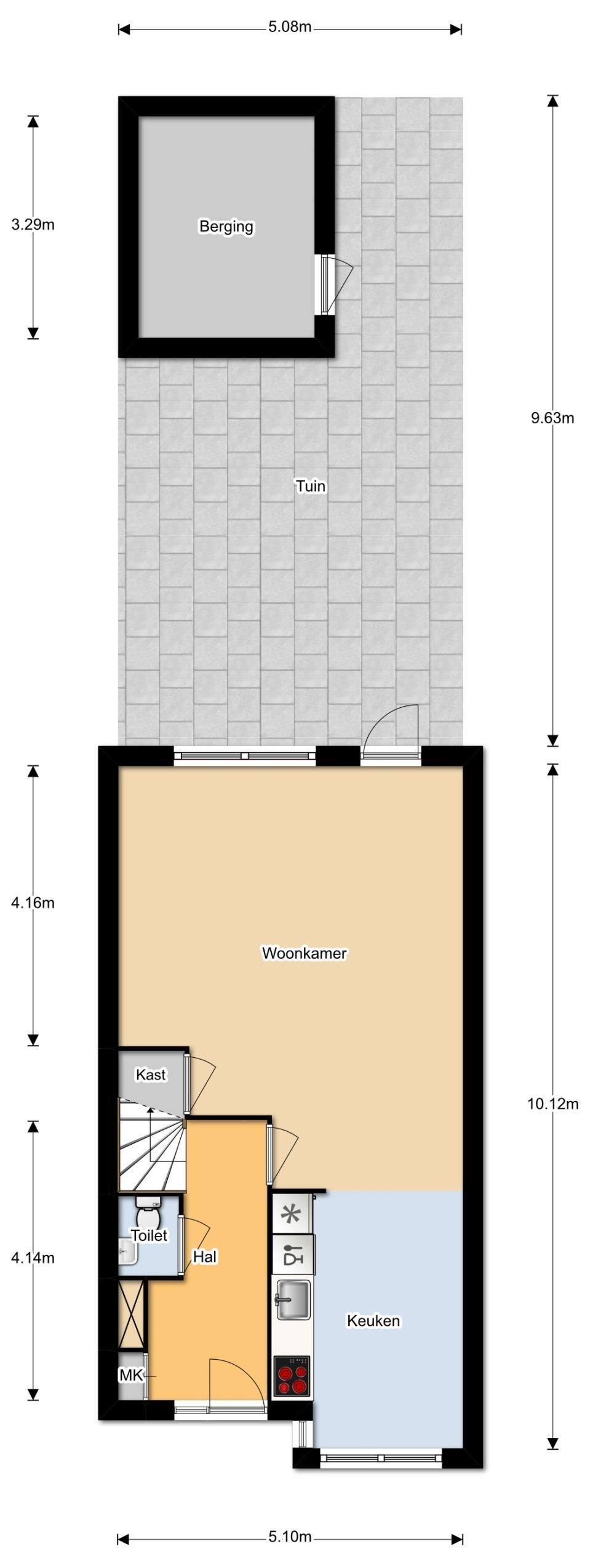 Begane grond: Een ruime entree/hal met meterkast, laminaatvloer en spachtelputz wandafwerking geeft toegang tot de woning.