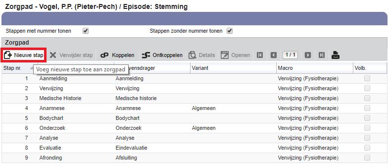 1. U klikt op de knop Nieuwe stap om het Behandelplan weer toe te voegen (zie figuur