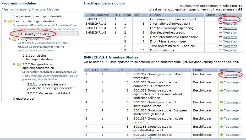 Bij vakken van een andere instelling (uitwisselingsvakken) is de curriculumcode leeg.