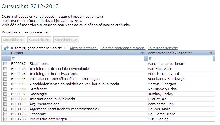 8 Mijn cursussen Als student kun je via het menu Mijn cursussen het hele academiejaar door de gegevens van de cursussen in je curriculum raadplegen: studiefiches, scoredistributies.