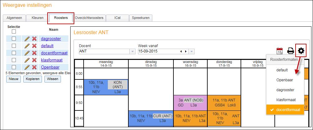 Met een klik op de button <Nieuw> wordt een roosterprofiel met de instellingen van het default formaat toegevoegd, die u vervolgens handmatig kunt aanpassen.